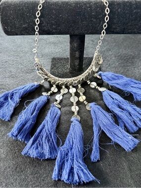 Boho Statement Bib Necklace Blue Tassel Fringe Silver Tone Tribal Festival